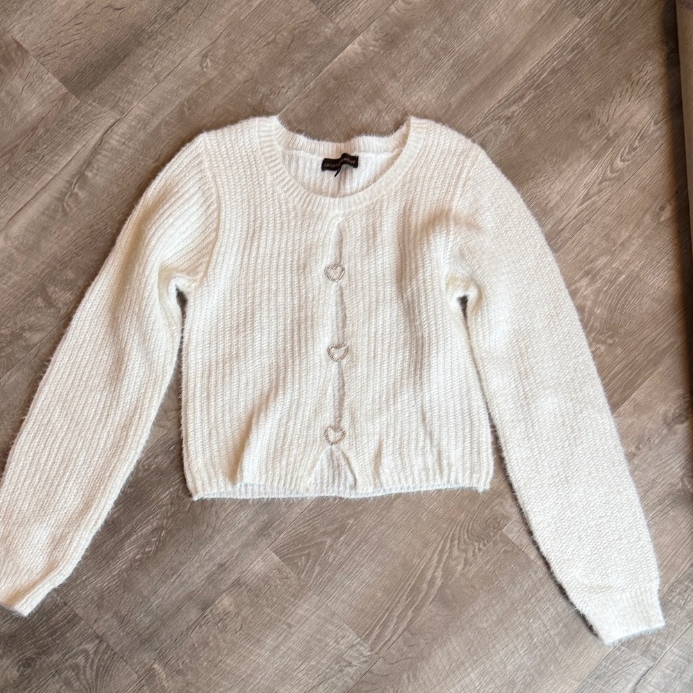 Almost Famous Cream Knit Cardigan with Heart Buttons